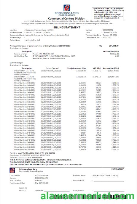 PHILIPPINES ROBINSON LAND CORPORATION utility bill Word and PDF template